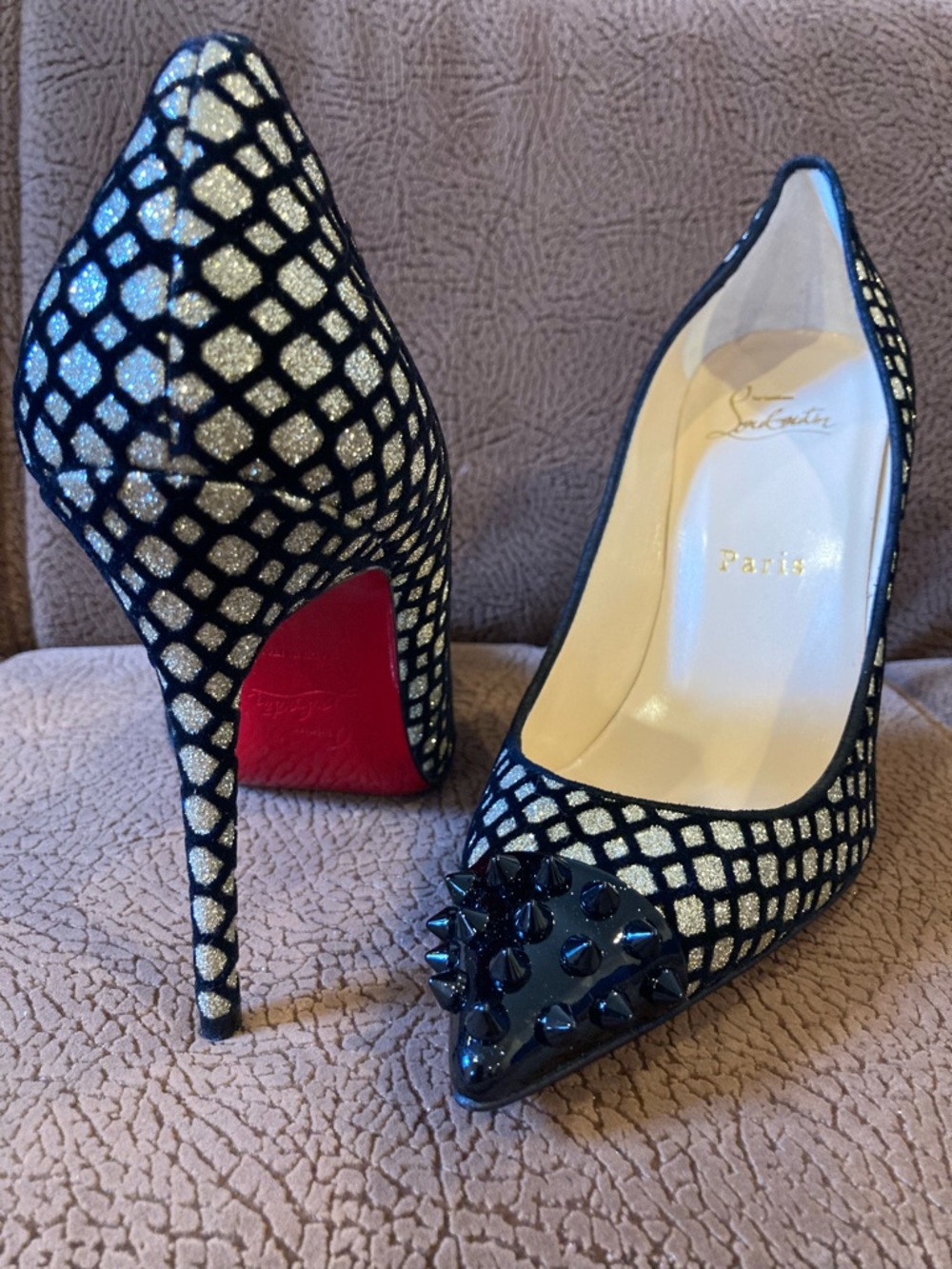 Christian Louboutin Black and Silver Spiked Pointed-Toe Pumps